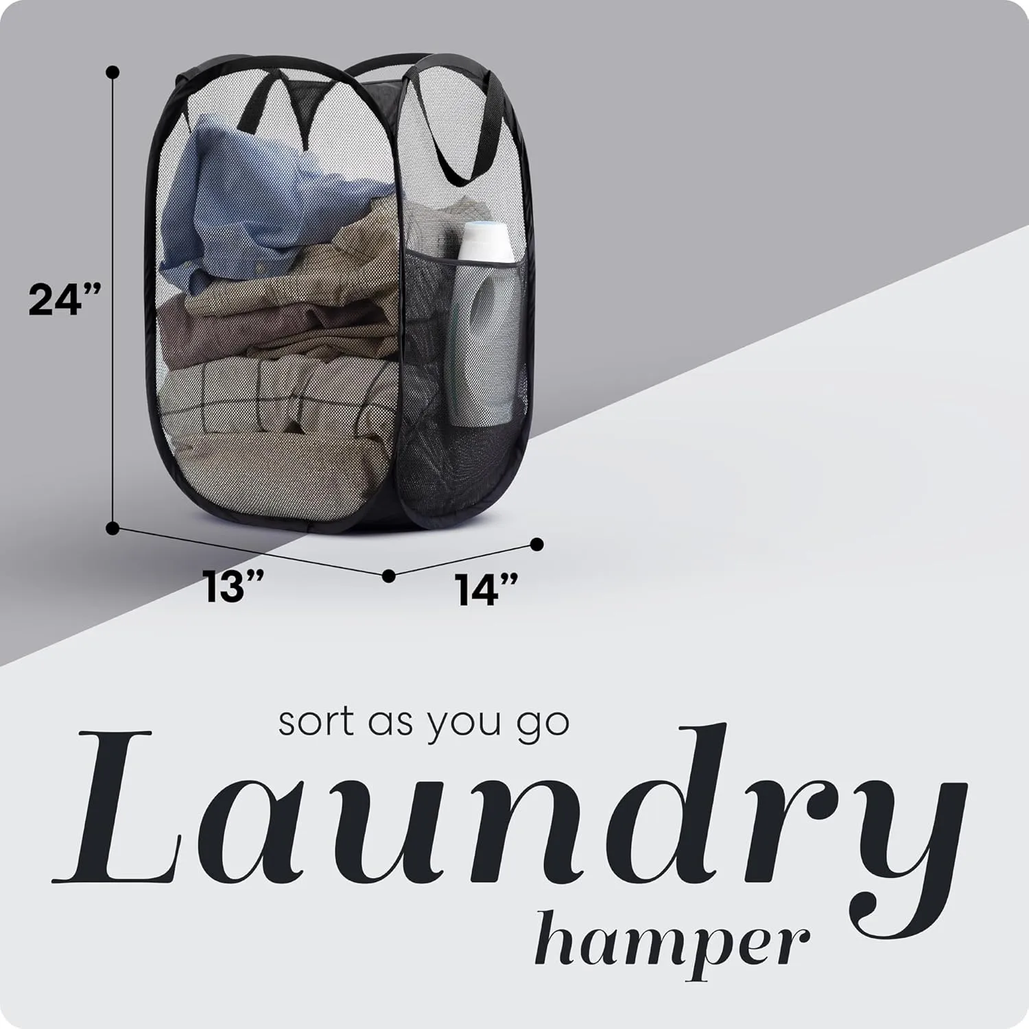 Handy Laundry Collapsible Mesh Pop Up Hamper with Wide Opening and Side Pocket  Breathable, Sturdy, Foldable, and Space-Saving Design for Clothes and Storage. (Black)