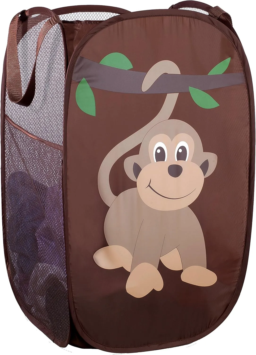 Handy Laundry Collapsible Mesh Pop Up Hamper with Wide Opening and Side Pocket  Breathable, Sturdy, Foldable, and Space-Saving Design for Clothes and Storage. (Monkey)