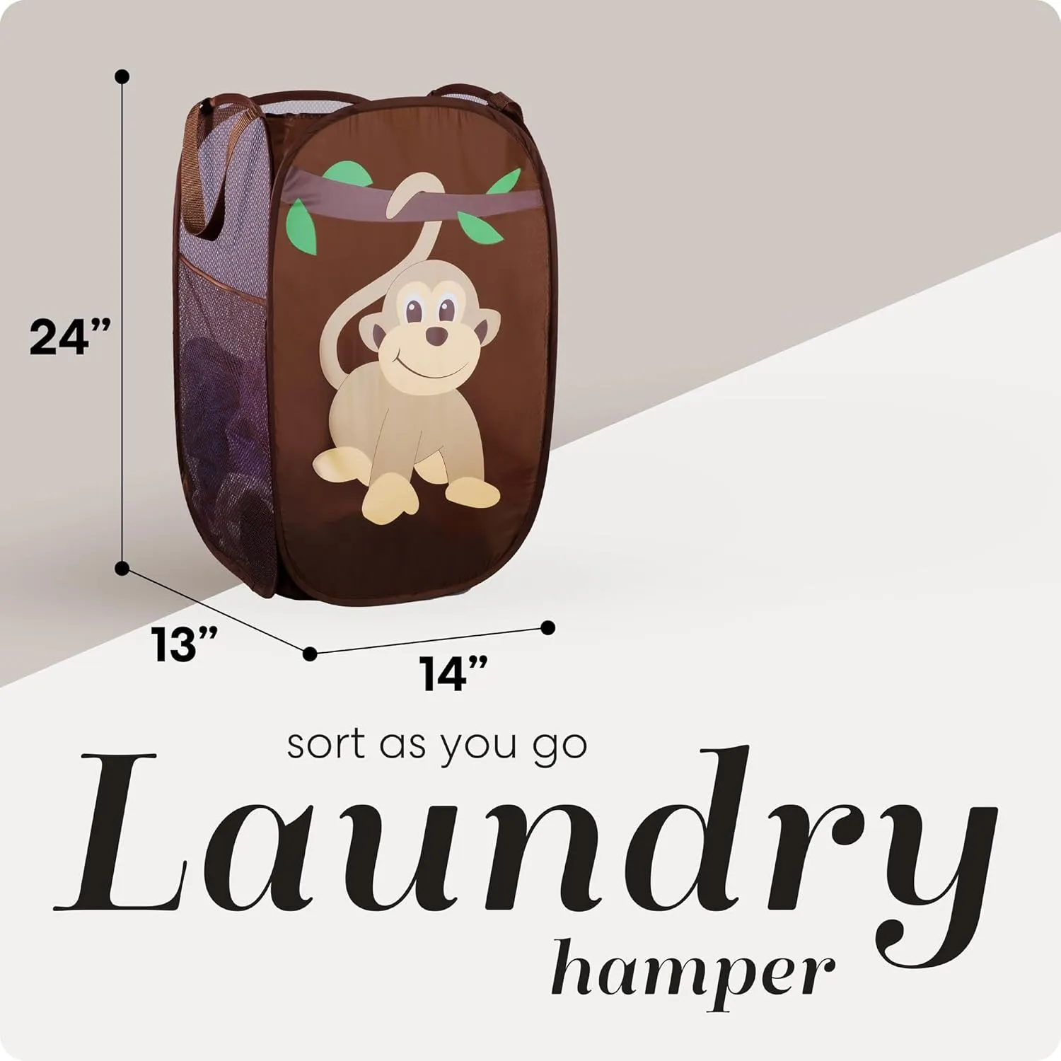 Handy Laundry Collapsible Mesh Pop Up Hamper with Wide Opening and Side Pocket  Breathable, Sturdy, Foldable, and Space-Saving Design for Clothes and Storage. (Monkey)
