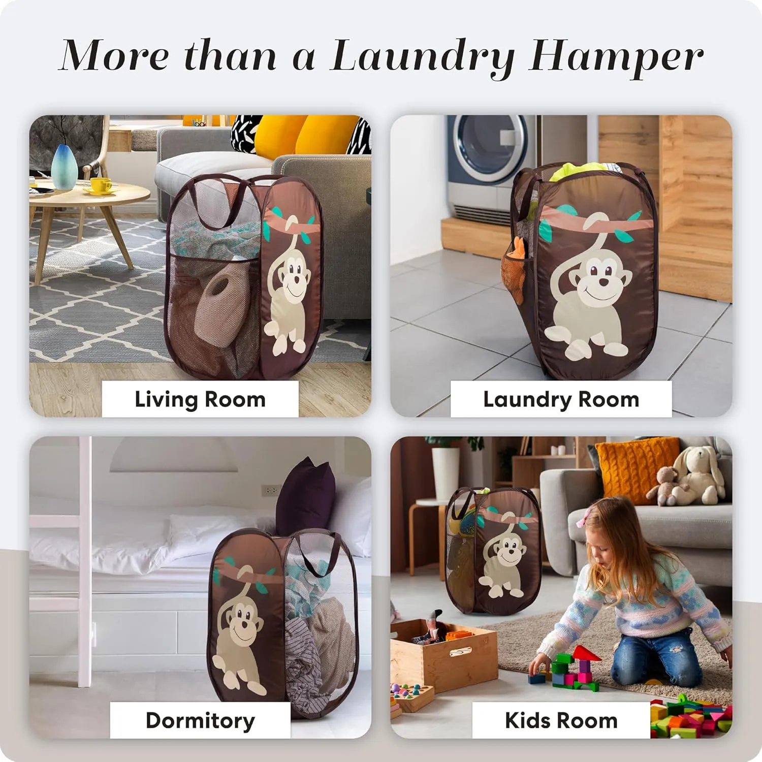 Handy Laundry Collapsible Mesh Pop Up Hamper with Wide Opening and Side Pocket  Breathable, Sturdy, Foldable, and Space-Saving Design for Clothes and Storage. (Monkey)