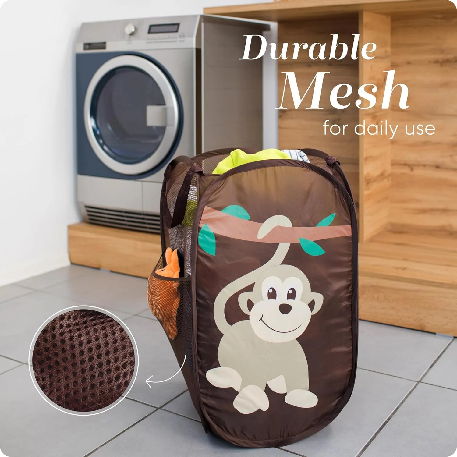Handy Laundry Collapsible Mesh Pop Up Hamper with Wide Opening and Side Pocket  Breathable, Sturdy, Foldable, and Space-Saving Design for Clothes and Storage. (Monkey)