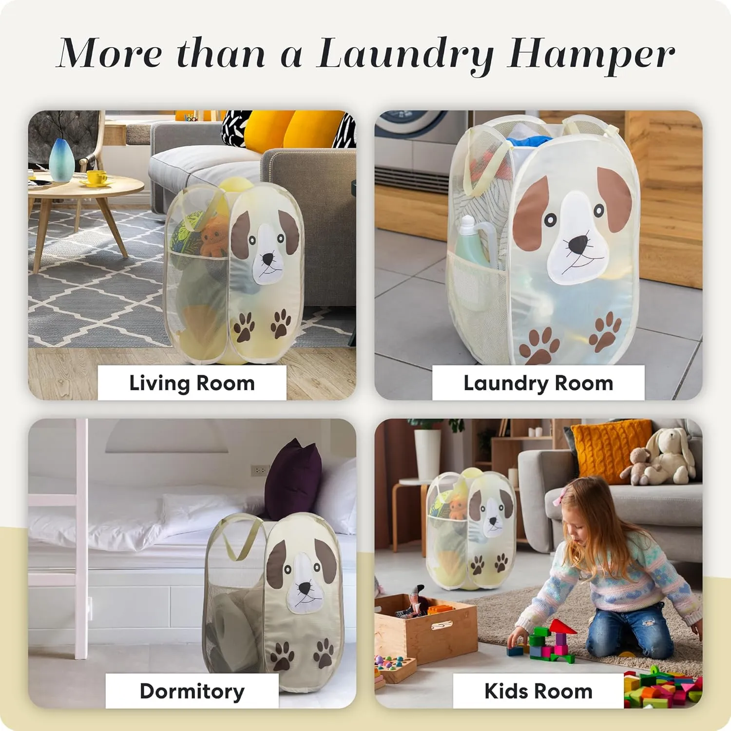 Handy Laundry Collapsible Mesh Pop-Up Hamper with Wide Opening and Side Pocket  Breathable, Sturdy, Foldable, Space-Saving Design (Puppy)