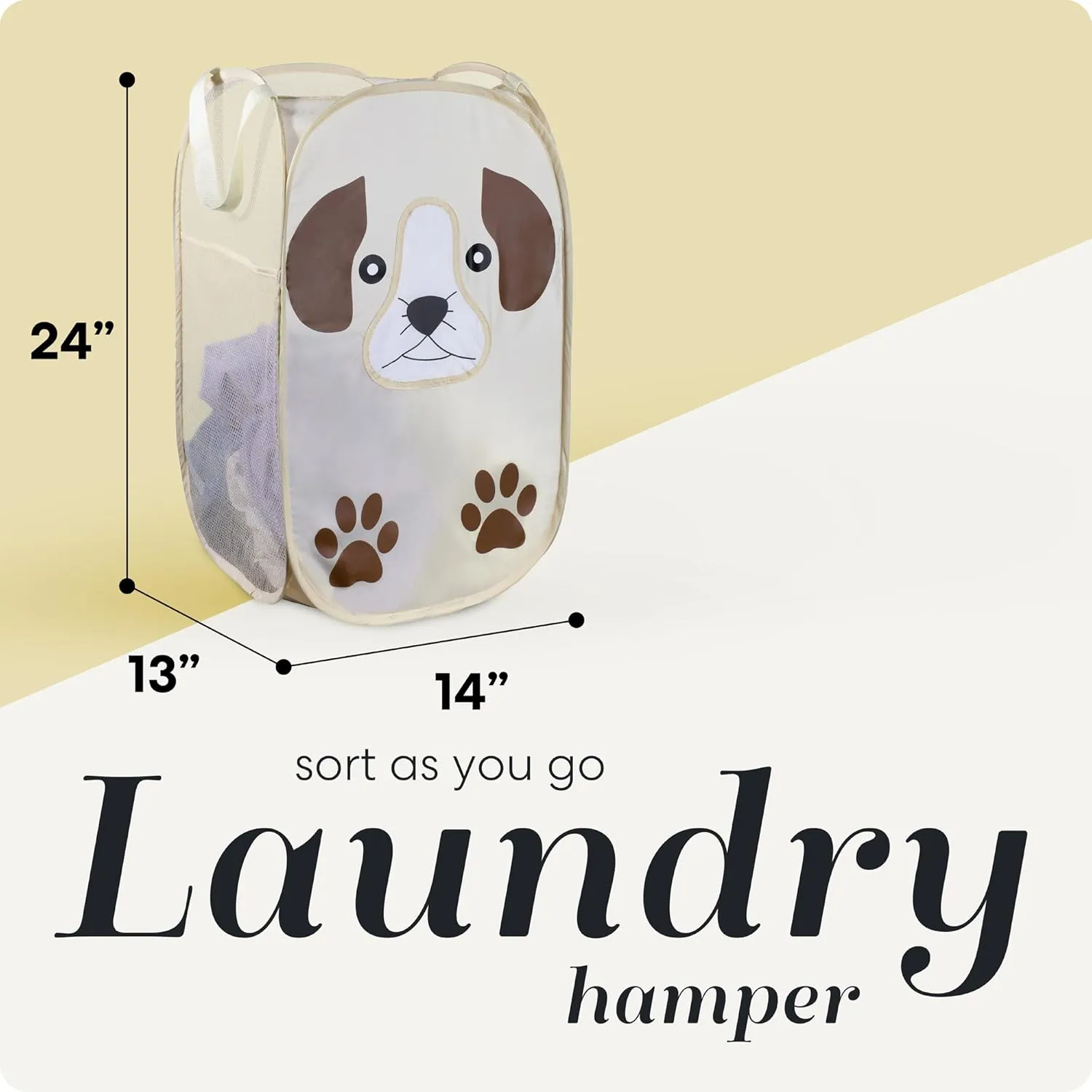Handy Laundry Collapsible Mesh Pop-Up Hamper with Wide Opening and Side Pocket  Breathable, Sturdy, Foldable, Space-Saving Design (Puppy)
