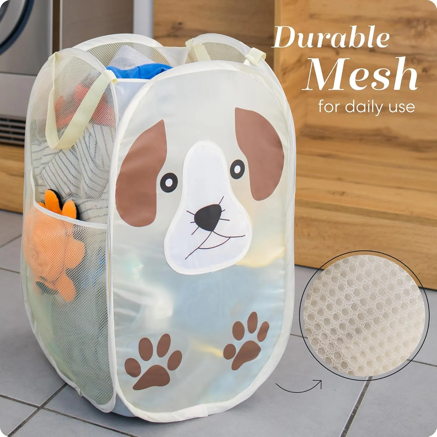 Handy Laundry Collapsible Mesh Pop-Up Hamper with Wide Opening and Side Pocket  Breathable, Sturdy, Foldable, Space-Saving Design (Puppy)