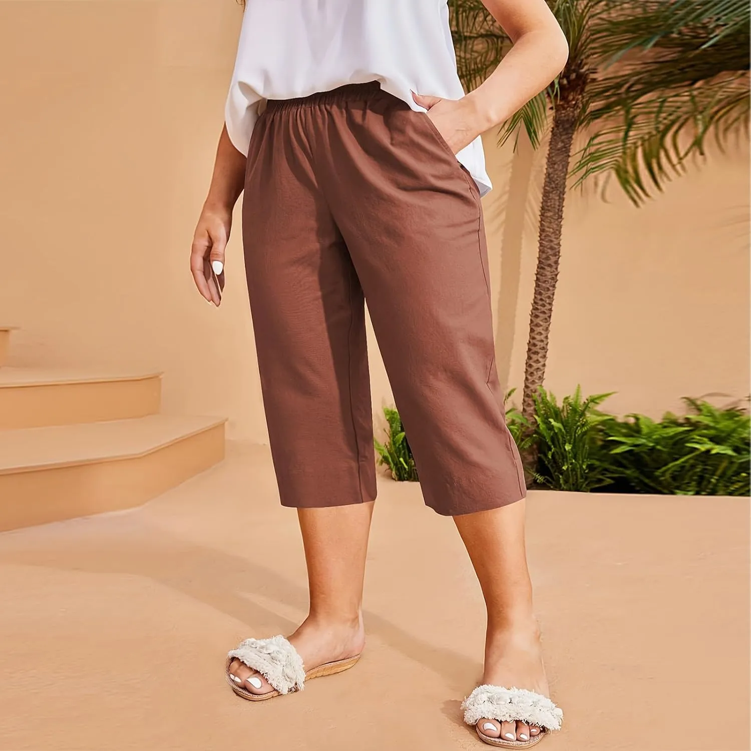 High Waisted Cotton Linen Capri Pants Women - Plus Size High Rise Breathable Trousers with Pocket for Summer Beach