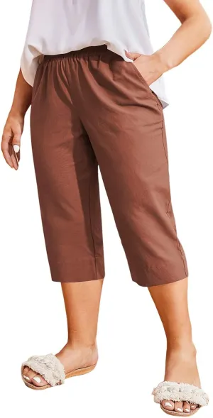 High Waisted Cotton Linen Capri Pants Women - Plus Size High Rise Breathable Trousers with Pocket for Summer Beach