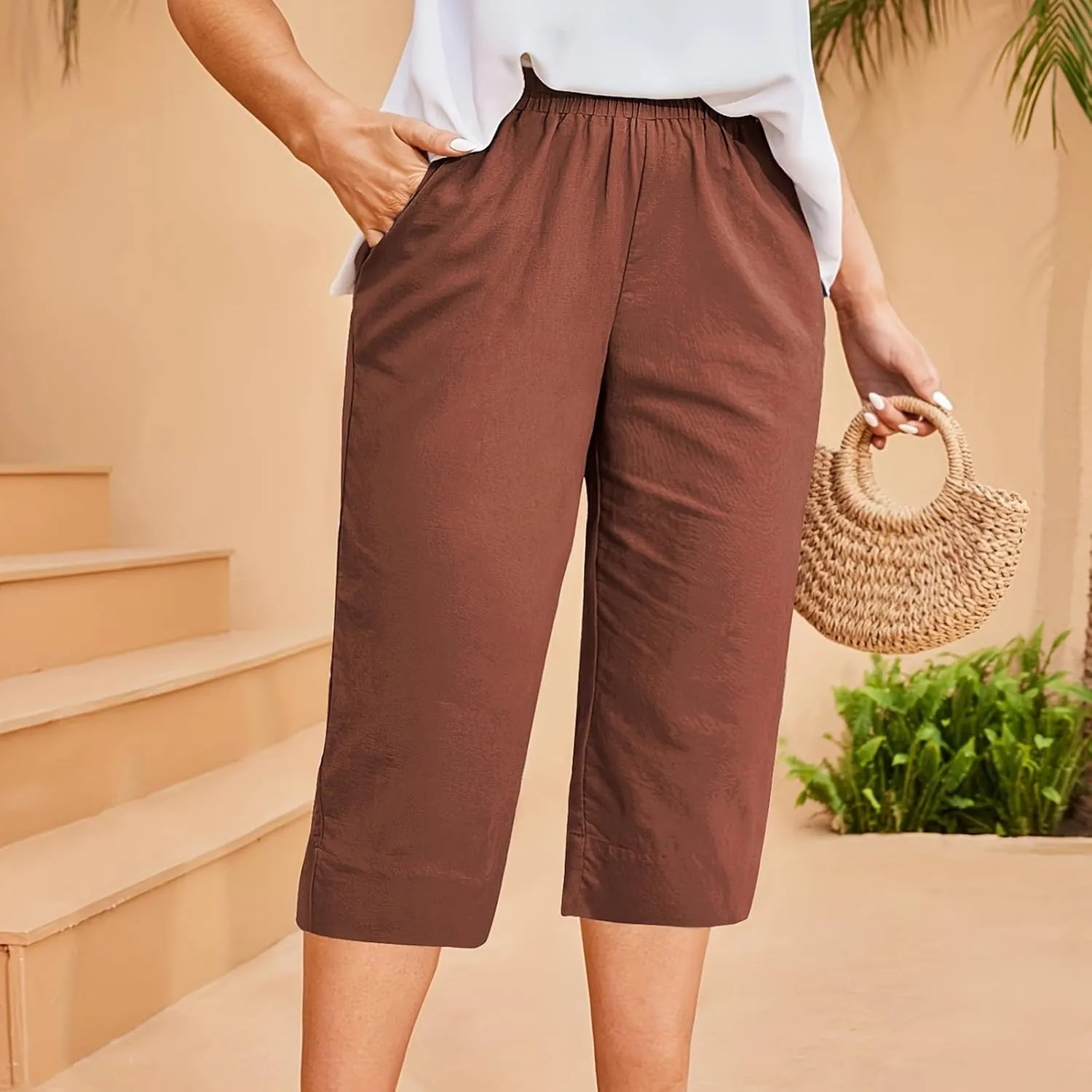 High Waisted Cotton Linen Capri Pants Women - Plus Size High Rise Breathable Trousers with Pocket for Summer Beach