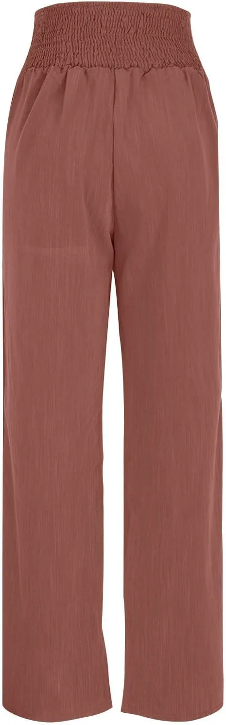 High Waisted Linen Pants Women Wide Leg Linen Pants for Women Baggy Breathable Flowy Pants Trousers with Pockets