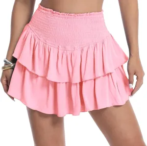 HOKOYI Women's Summer High Waist Smocked Ruffle Skirt Cute Flowy Layered Mini Skirt Skort Beach Casual