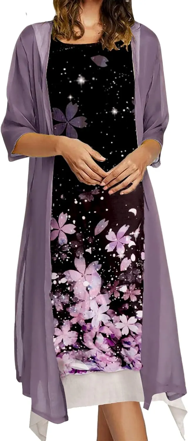 Honwenle Women's Linen Dress 2 Piece Outfit Floral Sleeveless Loose Maxi Summer Dresses with Jacket Formal Casual