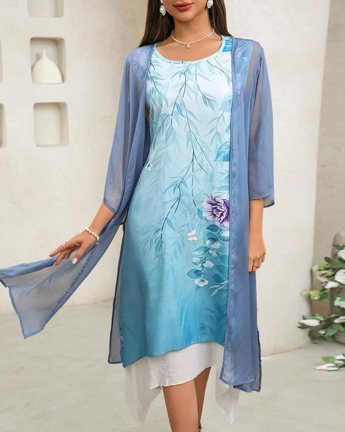 Honwenle Women's Linen Dress 2 Piece Outfit Floral Sleeveless Loose Maxi Summer Dresses with Jacket Formal Casual