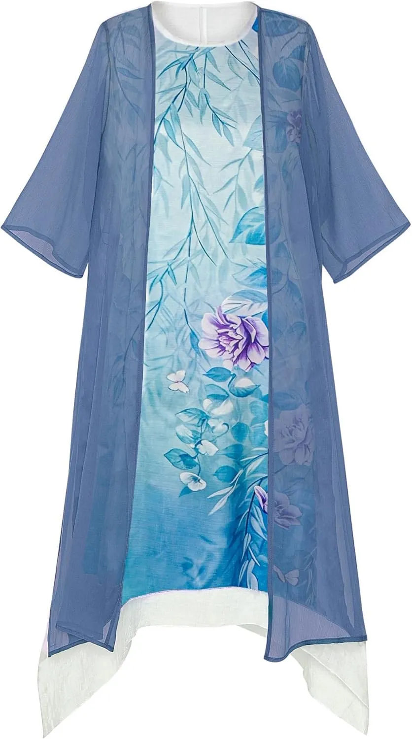 Honwenle Women's Linen Dress 2 Piece Outfit Floral Sleeveless Loose Maxi Summer Dresses with Jacket Formal Casual