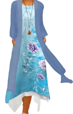 Honwenle Women's Linen Dress 2 Piece Outfit Floral Sleeveless Loose Maxi Summer Dresses with Jacket Formal Casual