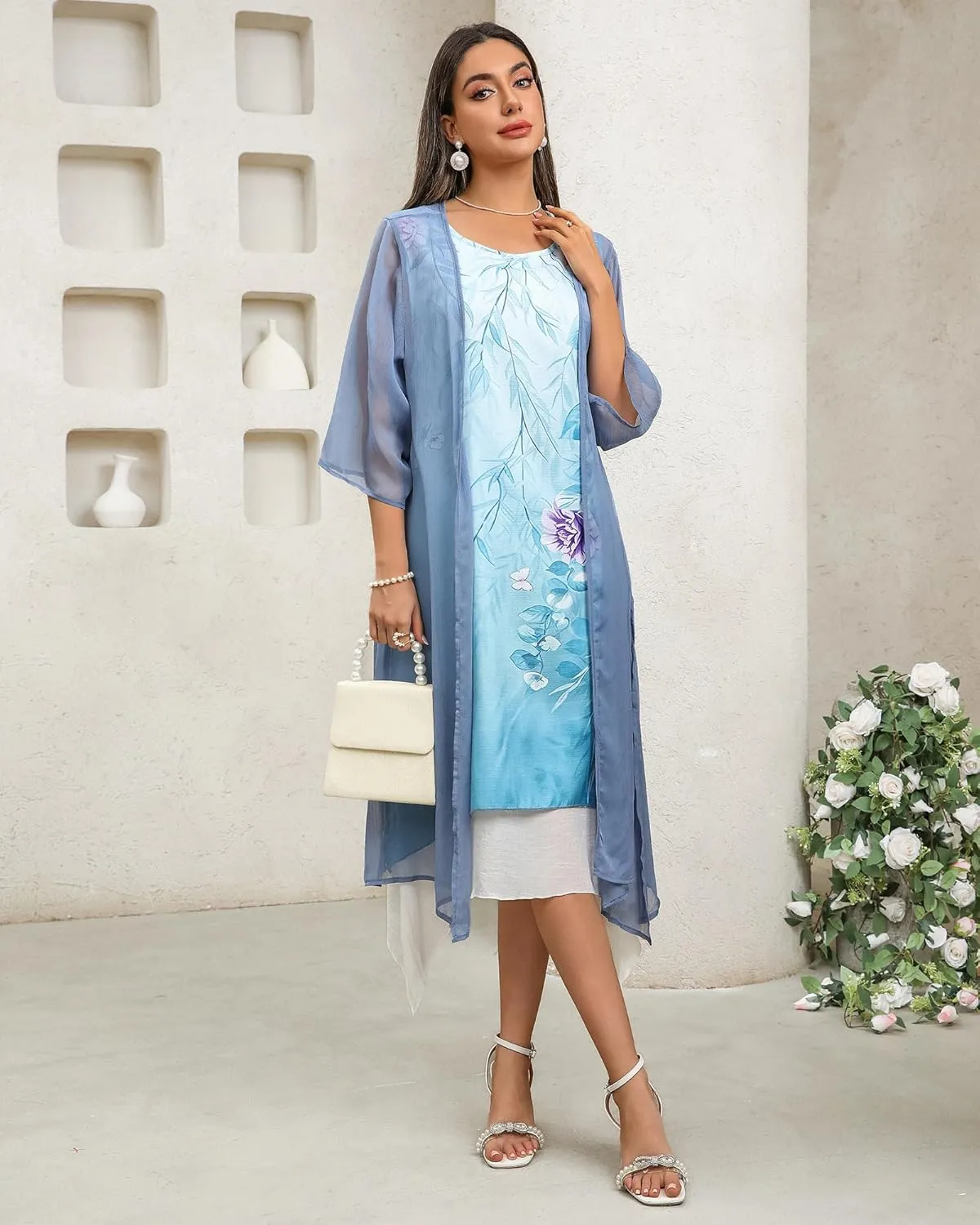 Honwenle Women's Linen Dress 2 Piece Outfit Floral Sleeveless Loose Maxi Summer Dresses with Jacket Formal Casual