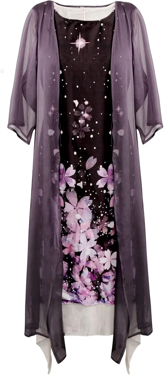 Honwenle Women's Linen Dress 2 Piece Outfit Floral Sleeveless Loose Maxi Summer Dresses with Jacket Formal Casual