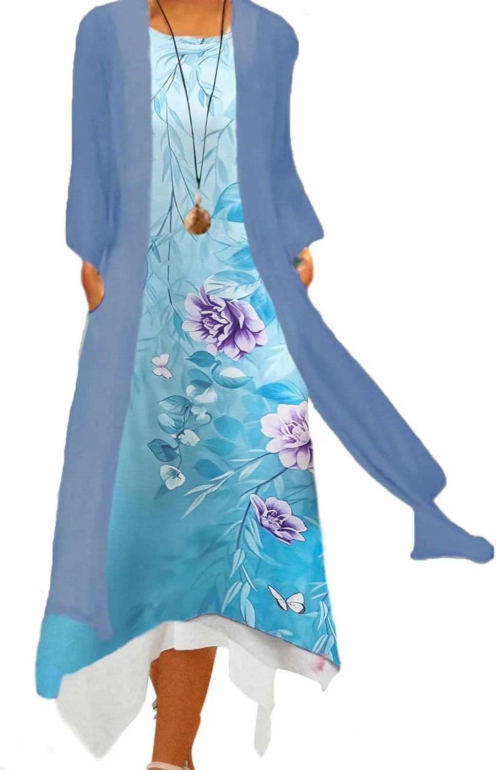Honwenle Women's Linen Dress 2 Piece Outfit Floral Sleeveless Loose Maxi Summer Dresses with Jacket Formal Casual