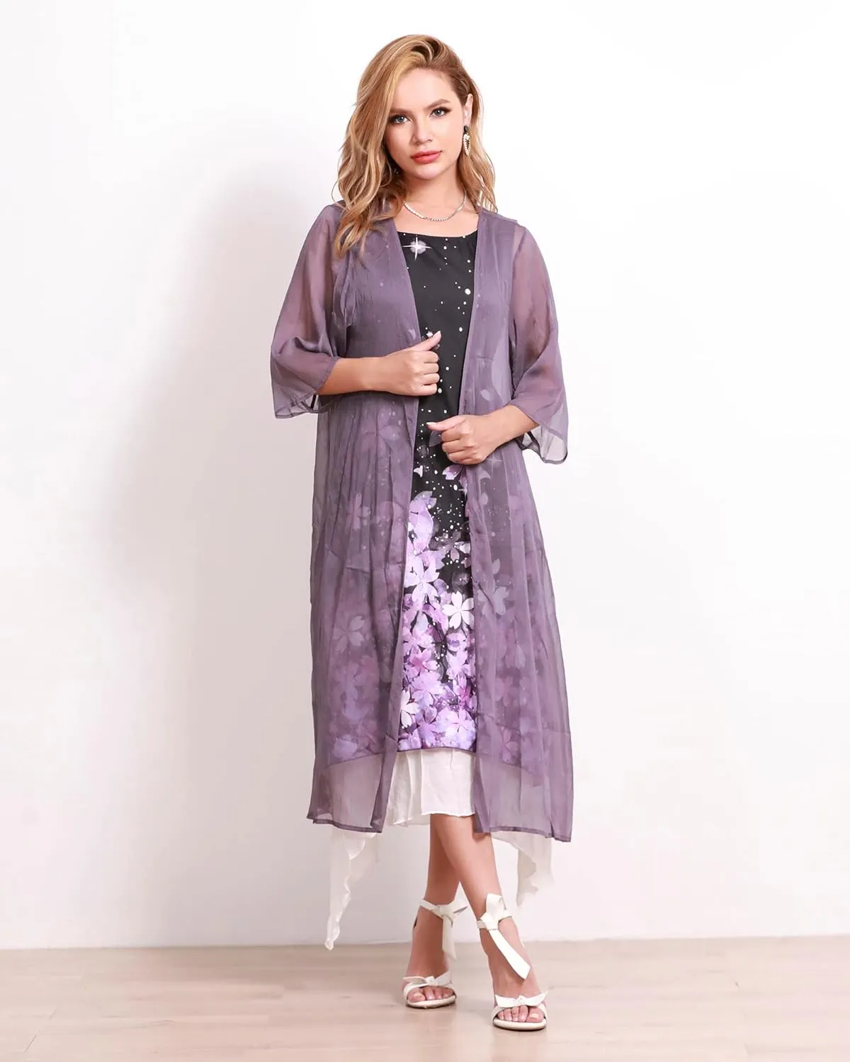 Honwenle Women's Linen Dress 2 Piece Outfit Floral Sleeveless Loose Maxi Summer Dresses with Jacket Formal Casual