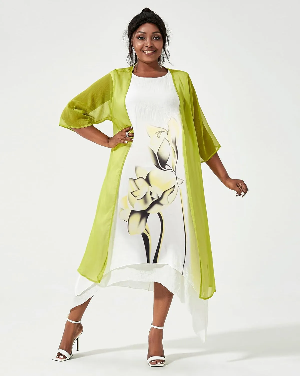 Honwenle Women's Linen Dress 2 Piece Outfit Floral Sleeveless Loose Maxi Summer Dresses with Jacket Formal Casual