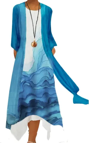 Honwenle Women's Linen Dress 2 Piece Outfit Floral Sleeveless Loose Maxi Summer Dresses with Jacket Formal Casual