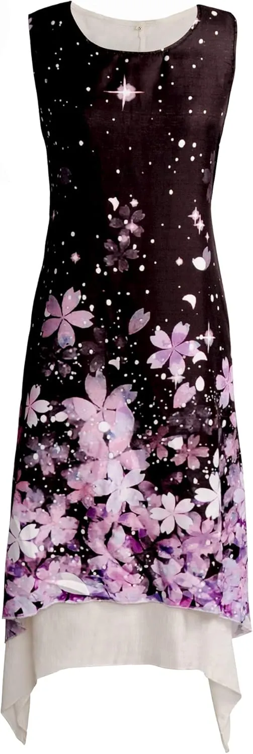 Honwenle Women's Linen Dress 2 Piece Outfit Floral Sleeveless Loose Maxi Summer Dresses with Jacket Formal Casual