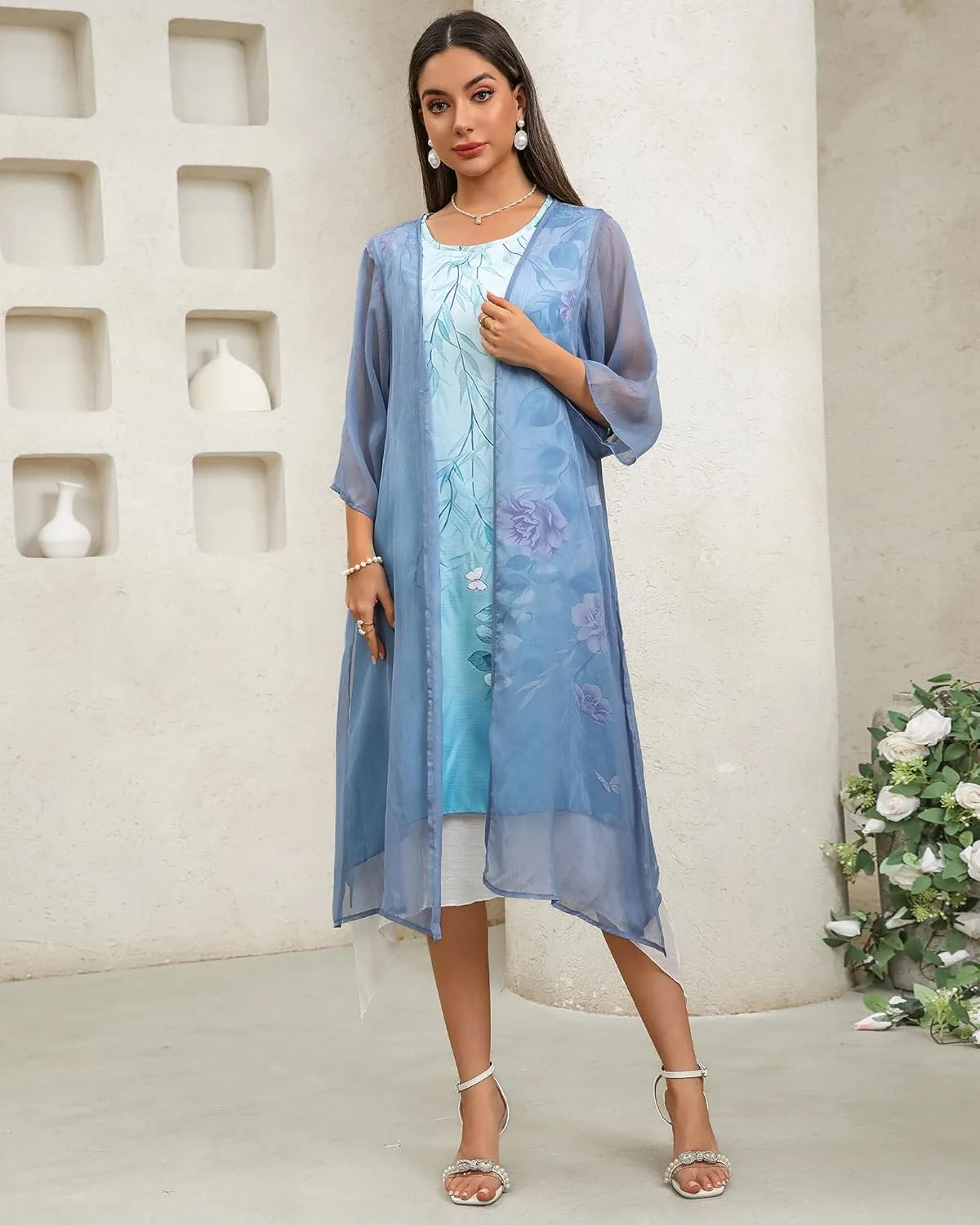 Honwenle Women's Linen Dress 2 Piece Outfit Floral Sleeveless Loose Maxi Summer Dresses with Jacket Formal Casual
