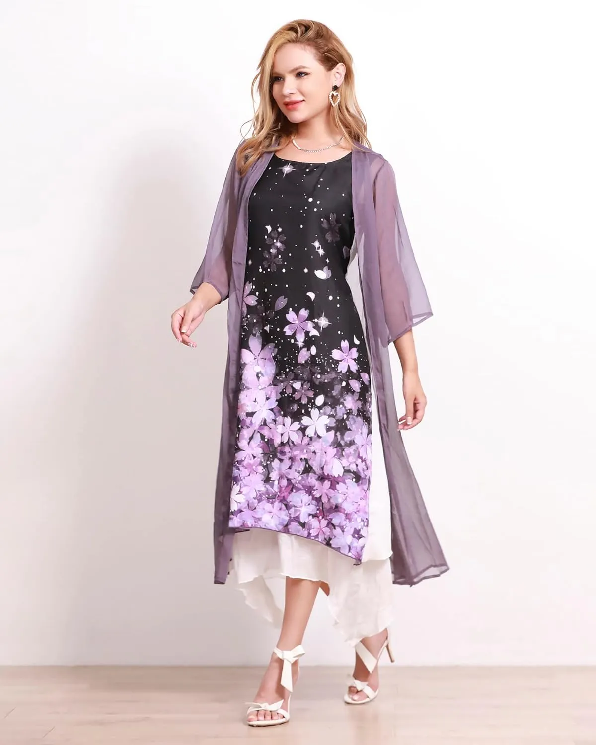 Honwenle Women's Linen Dress 2 Piece Outfit Floral Sleeveless Loose Maxi Summer Dresses with Jacket Formal Casual