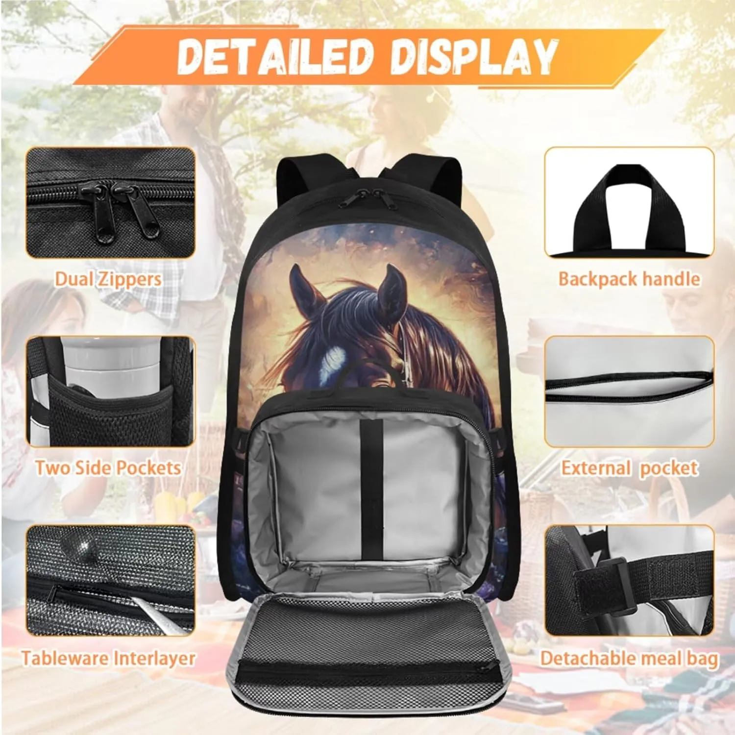 Horse Backpack for Boys with Lunch Box Heavy Duty Boys Backpacks Ages 8-10 Breathable Set of 4 Kids 4th Grade Bookbag Large Capacity Kids School Bag School Supplies