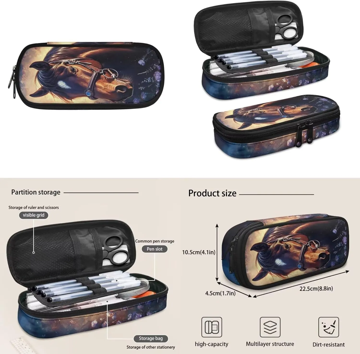 Horse Backpack for Boys with Lunch Box Heavy Duty Boys Backpacks Ages 8-10 Breathable Set of 4 Kids 4th Grade Bookbag Large Capacity Kids School Bag School Supplies