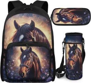 Horse Backpack for Boys with Lunch Box Heavy Duty Boys Backpacks Ages 8-10 Breathable Set of 4 Kids 4th Grade Bookbag Large Capacity Kids School Bag School Supplies