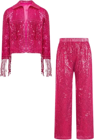 Hularka Kids Girls Sparkly Sequin Tassel Long Sleeve Jacket Hip Hop Disco Dance Coat Party Cardigan and Pants Set