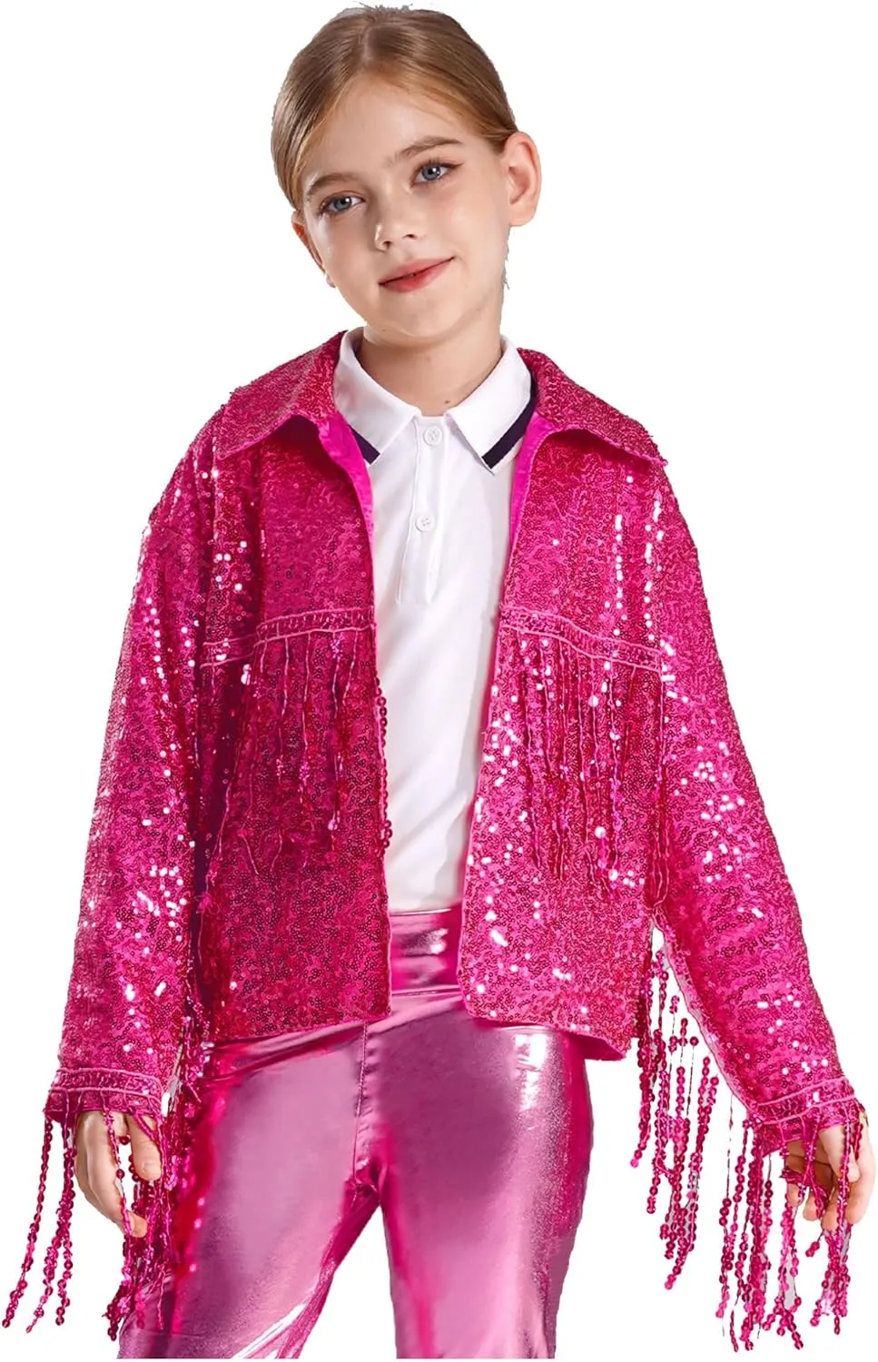 Hularka Kids Girls Sparkly Sequin Tassel Long Sleeve Jacket Hip Hop Disco Dance Coat Party Cardigan and Pants Set