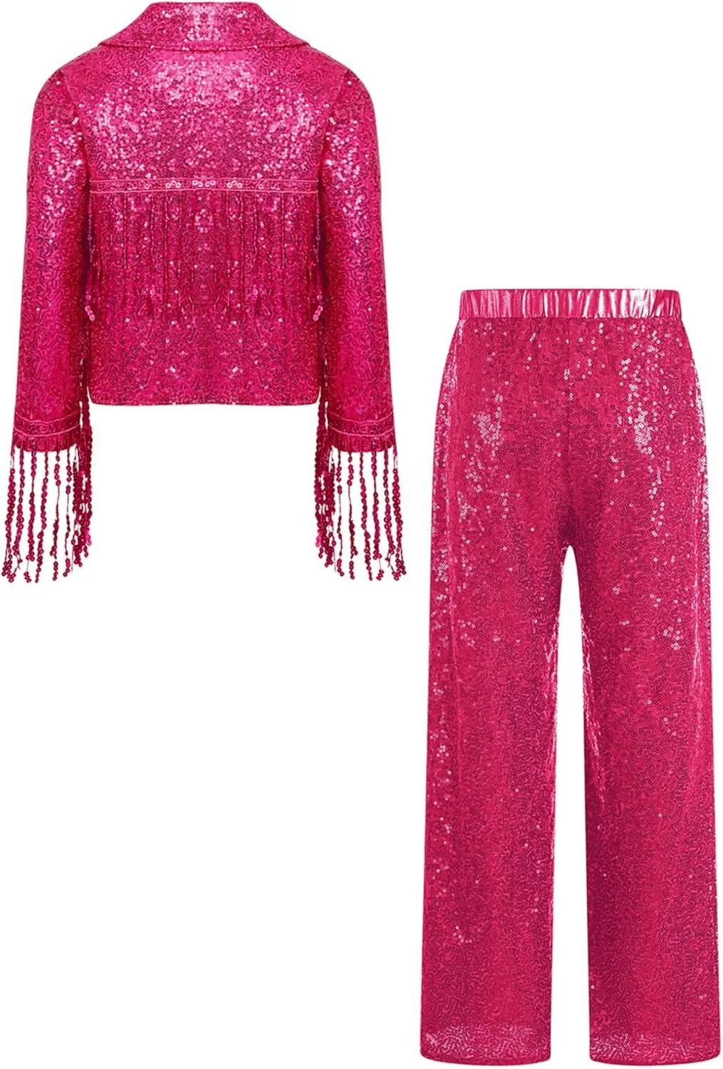 Hularka Kids Girls Sparkly Sequin Tassel Long Sleeve Jacket Hip Hop Disco Dance Coat Party Cardigan and Pants Set
