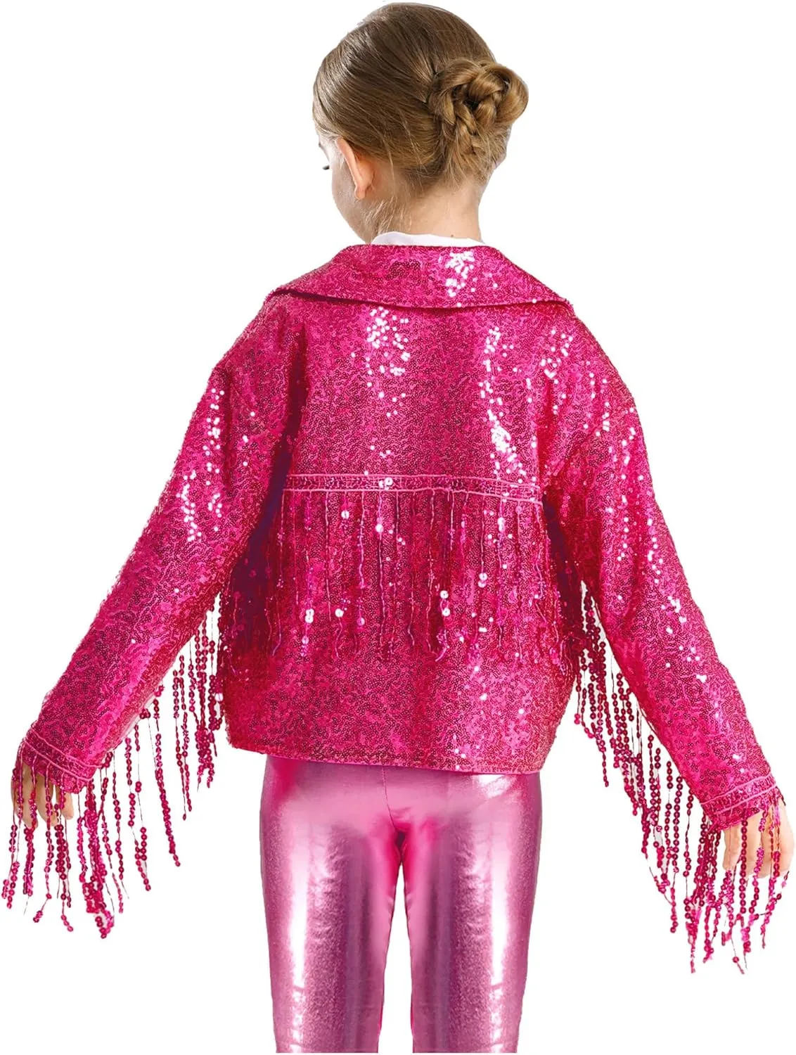 Hularka Kids Girls Sparkly Sequin Tassel Long Sleeve Jacket Hip Hop Disco Dance Coat Party Cardigan and Pants Set