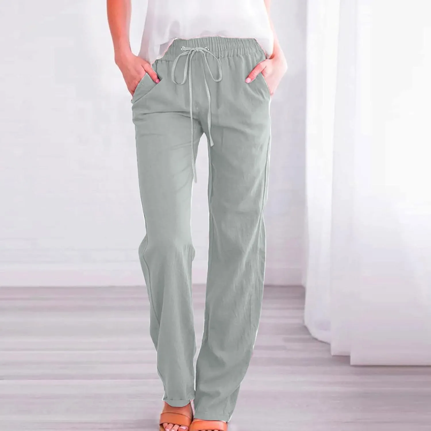 Hvyesh Women Cotton Linen Pants 2025 Summer Wide Leg Drawstring Elastic High Waisted Lounge Pants Casual Beach Trousers