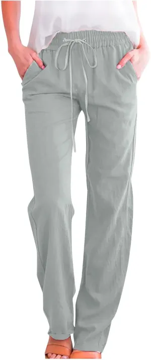 Hvyesh Women Cotton Linen Pants 2025 Summer Wide Leg Drawstring Elastic High Waisted Lounge Pants Casual Beach Trousers