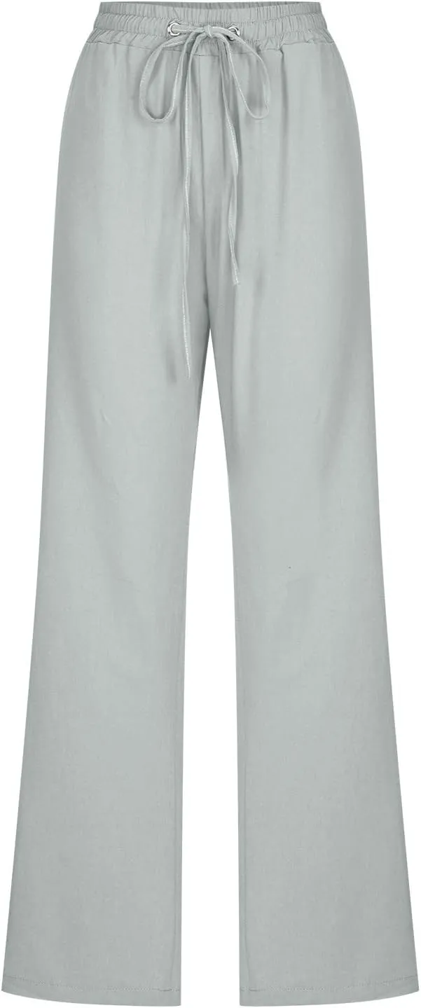 Hvyesh Women Cotton Linen Pants 2025 Summer Wide Leg Drawstring Elastic High Waisted Lounge Pants Casual Beach Trousers
