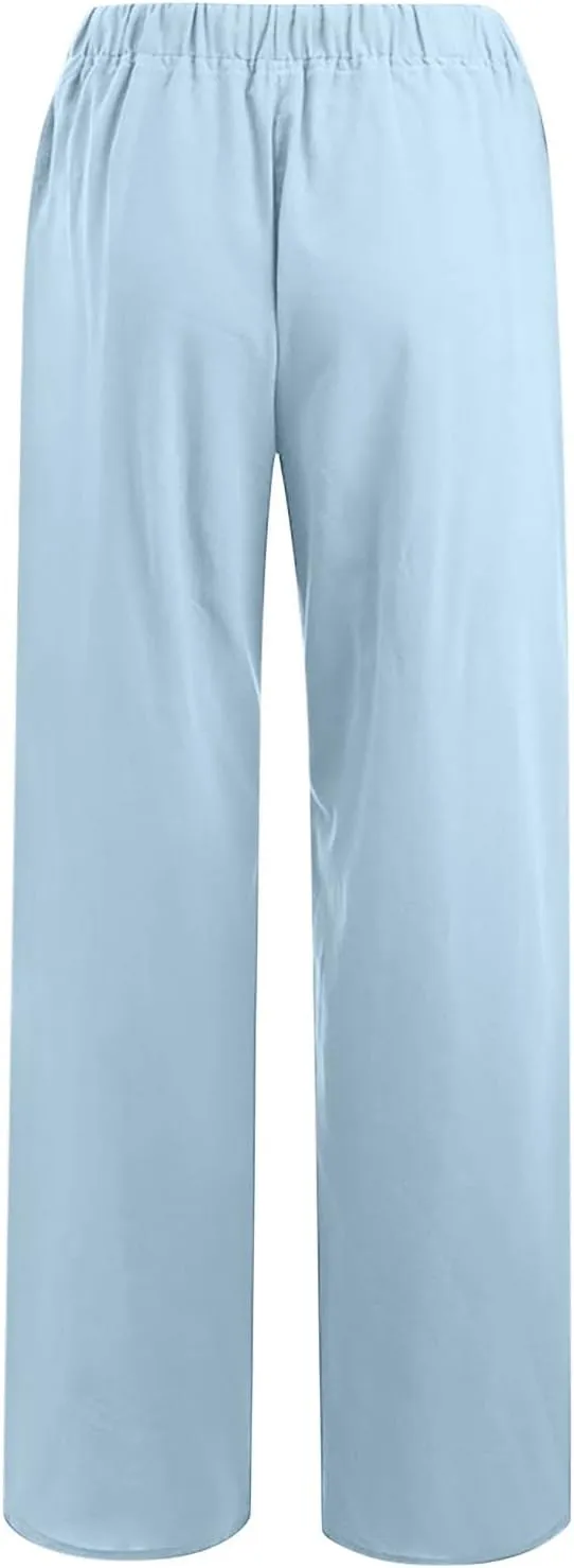 Hvyesh Women Cotton Linen Pants Summer Wide Leg Casual Loose Drawstring High Waist Palazzo Pants Trousers with Pockets