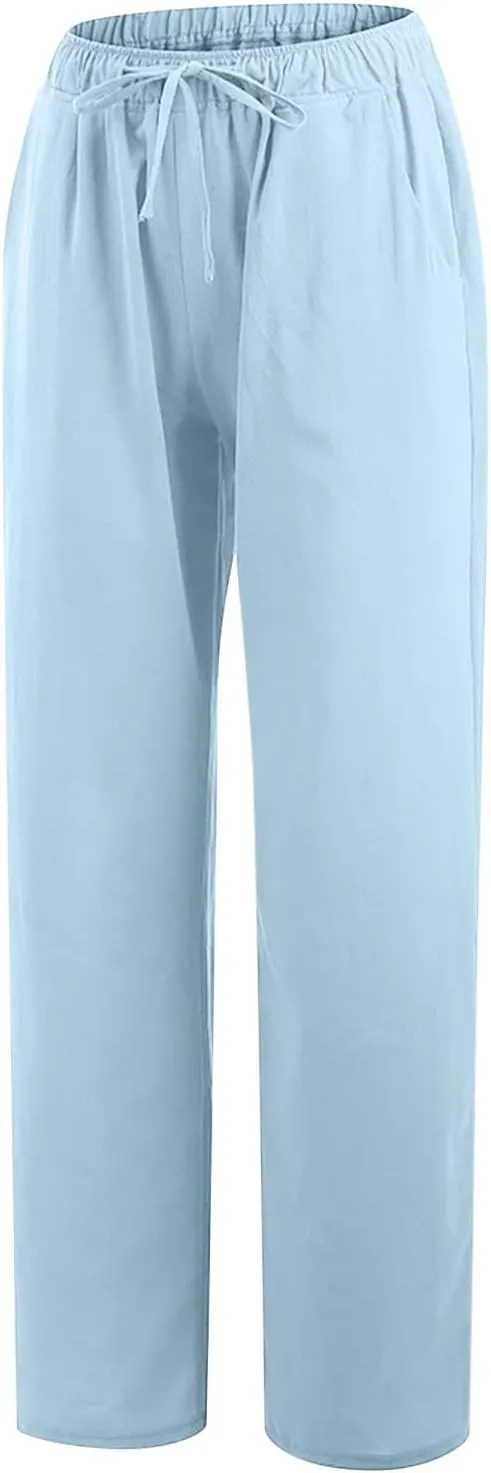 Hvyesh Women Cotton Linen Pants Summer Wide Leg Casual Loose Drawstring High Waist Palazzo Pants Trousers with Pockets