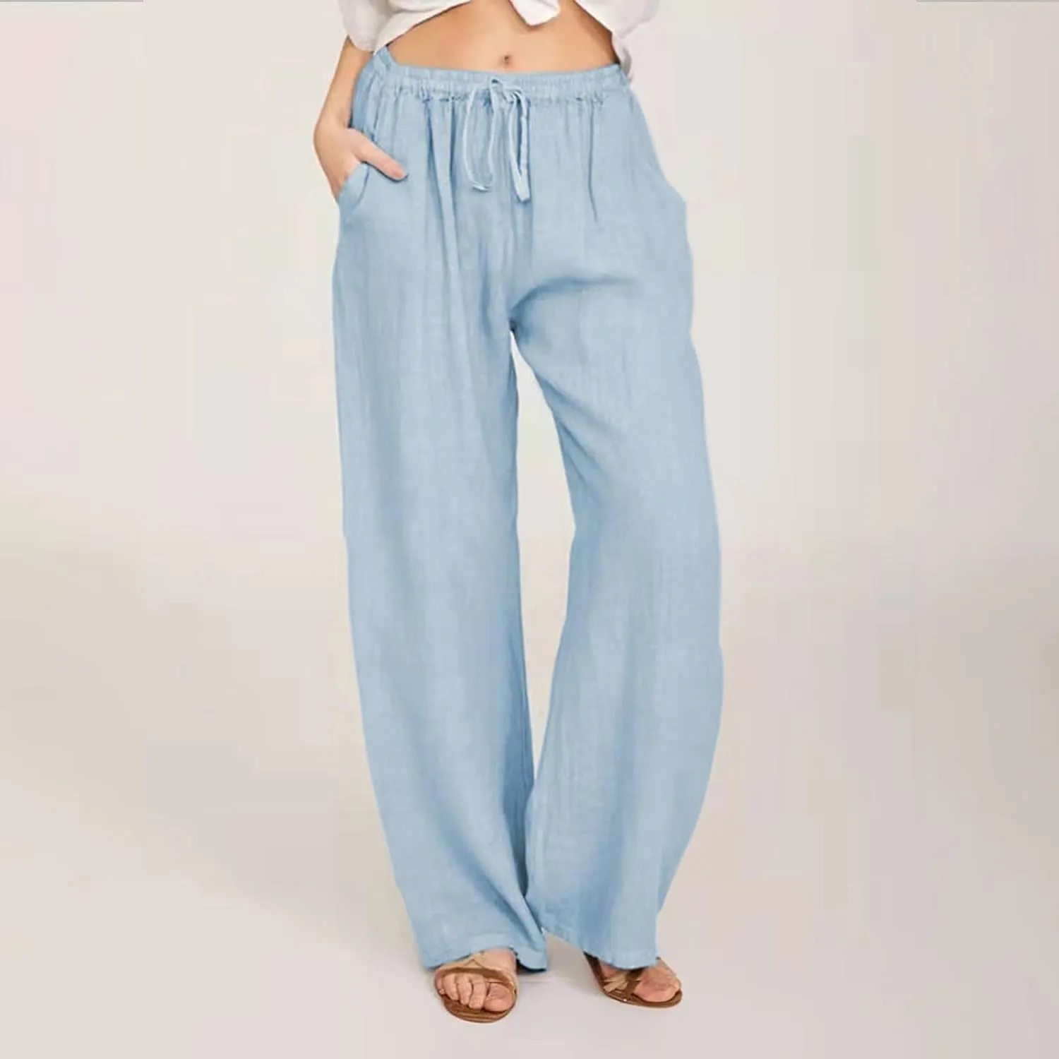Hvyesh Women Cotton Linen Pants Summer Wide Leg Casual Loose Drawstring High Waist Palazzo Pants Trousers with Pockets
