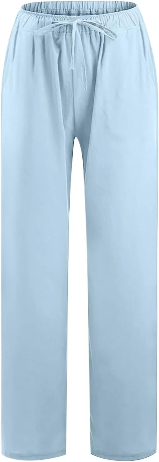 Hvyesh Women Cotton Linen Pants Summer Wide Leg Casual Loose Drawstring High Waist Palazzo Pants Trousers with Pockets