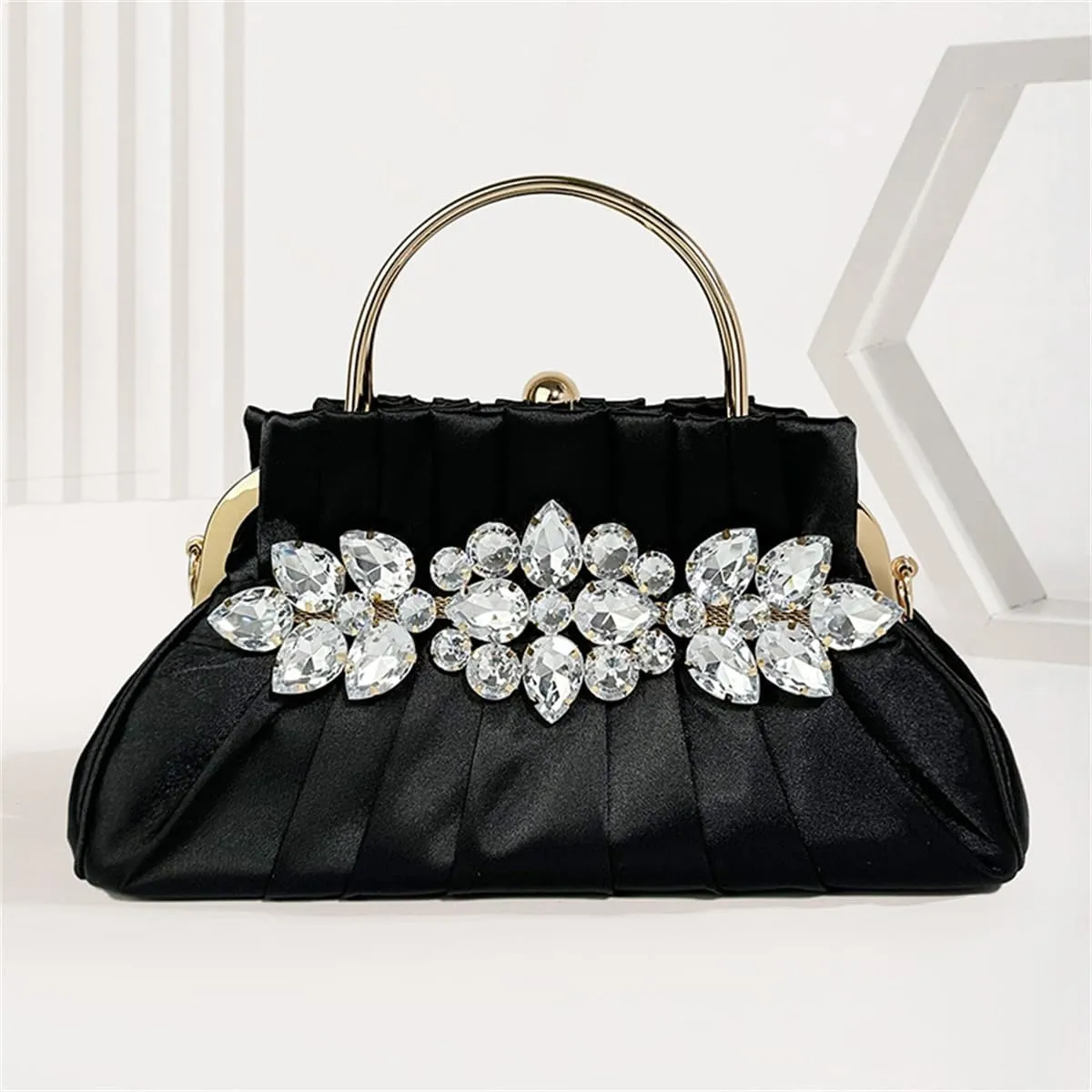 IAMUHI Women Retro Satin Evening Handbag Pleated Rhinestone Clutch Bag Party Wedding Crossbody Shoulder Purse with Chain