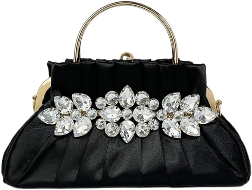 IAMUHI Women Retro Satin Evening Handbag Pleated Rhinestone Clutch Bag Party Wedding Crossbody Shoulder Purse with Chain