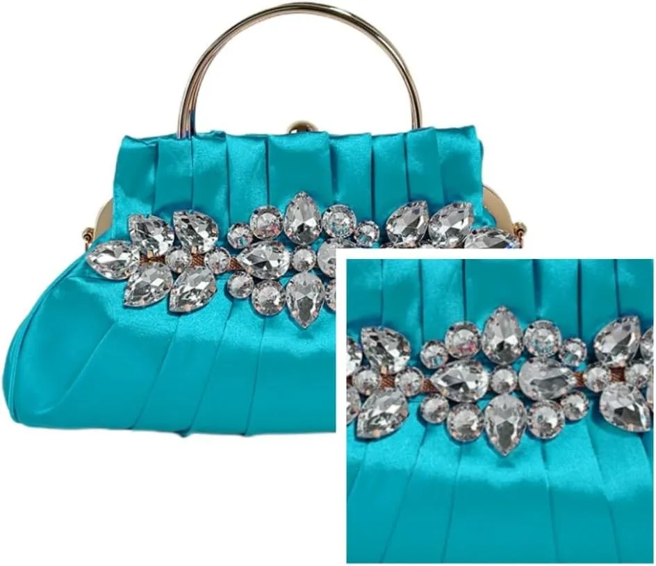 IAMUHI Women Retro Satin Evening Handbag Pleated Rhinestone Clutch Bag Party Wedding Crossbody Shoulder Purse with Chain