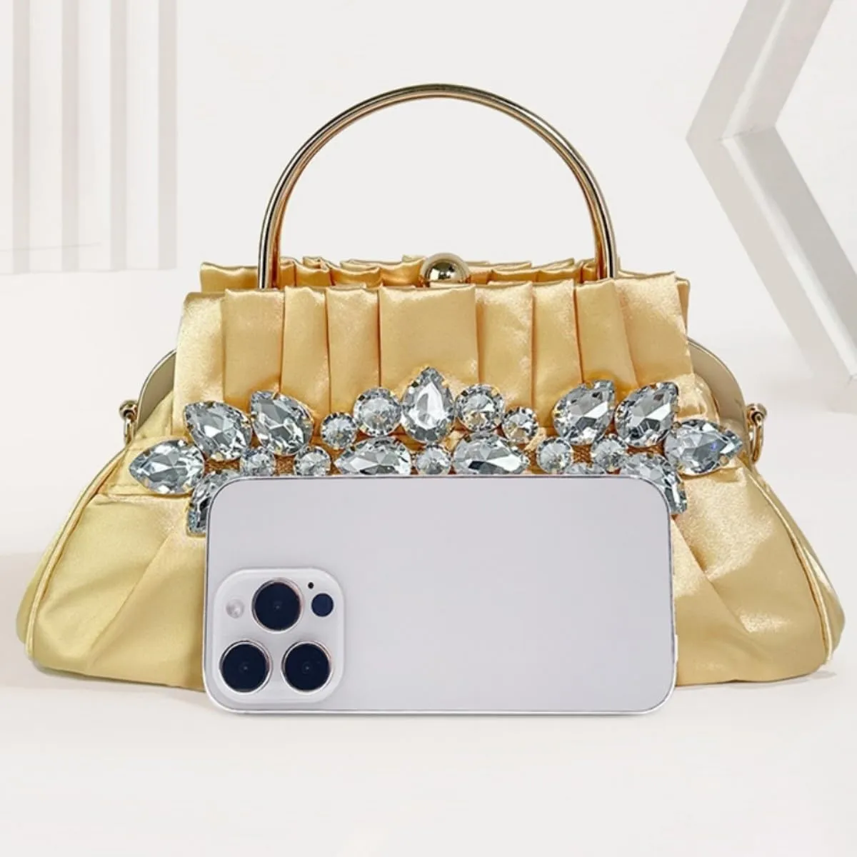 IAMUHI Women Retro Satin Evening Handbag Pleated Rhinestone Clutch Bag Party Wedding Crossbody Shoulder Purse with Chain