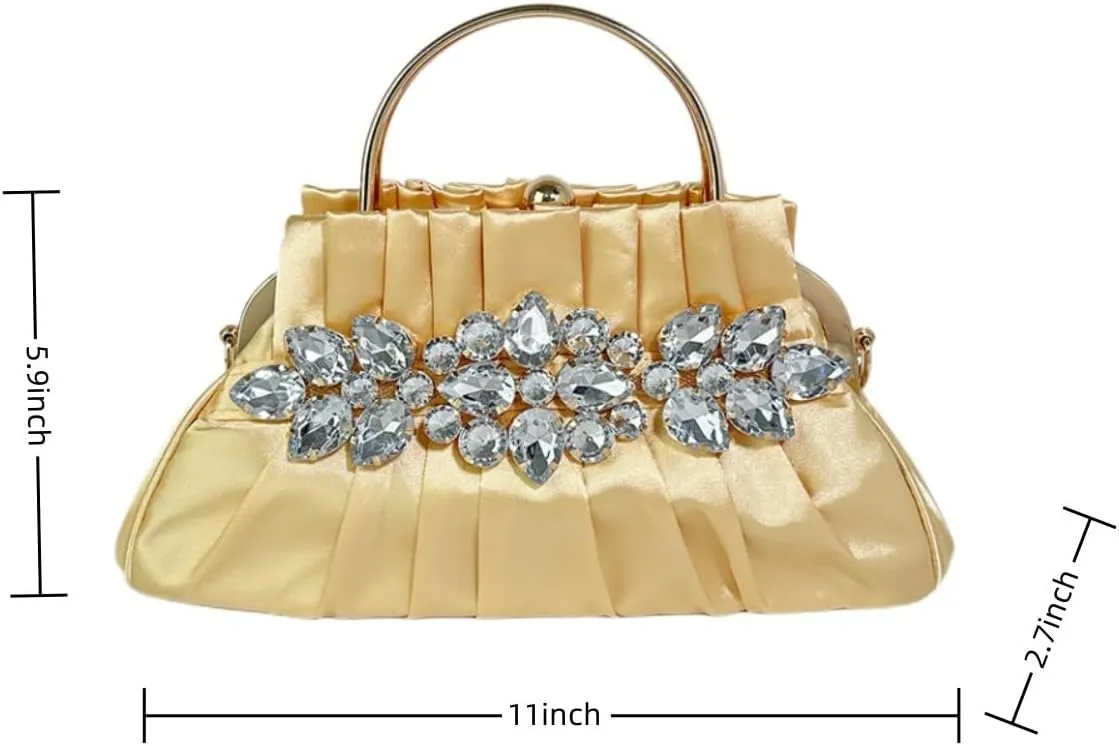 IAMUHI Women Retro Satin Evening Handbag Pleated Rhinestone Clutch Bag Party Wedding Crossbody Shoulder Purse with Chain