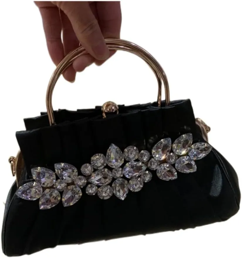 IAMUHI Women Retro Satin Evening Handbag Pleated Rhinestone Clutch Bag Party Wedding Crossbody Shoulder Purse with Chain