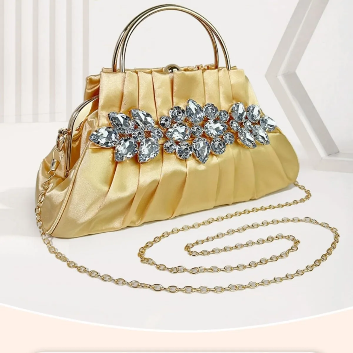 IAMUHI Women Retro Satin Evening Handbag Pleated Rhinestone Clutch Bag Party Wedding Crossbody Shoulder Purse with Chain