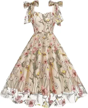 IBTOM CASTLE Women Floral Dress Summer Boho Corset Square Neck Strapped Swing A Line Beach Wedding Party Vintage Ball Gown
