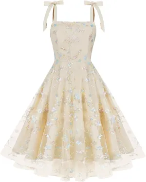 IBTOM CASTLE Women Floral Dress Summer Boho Corset Square Neck Strapped Swing A Line Beach Wedding Party Vintage Ball Gown