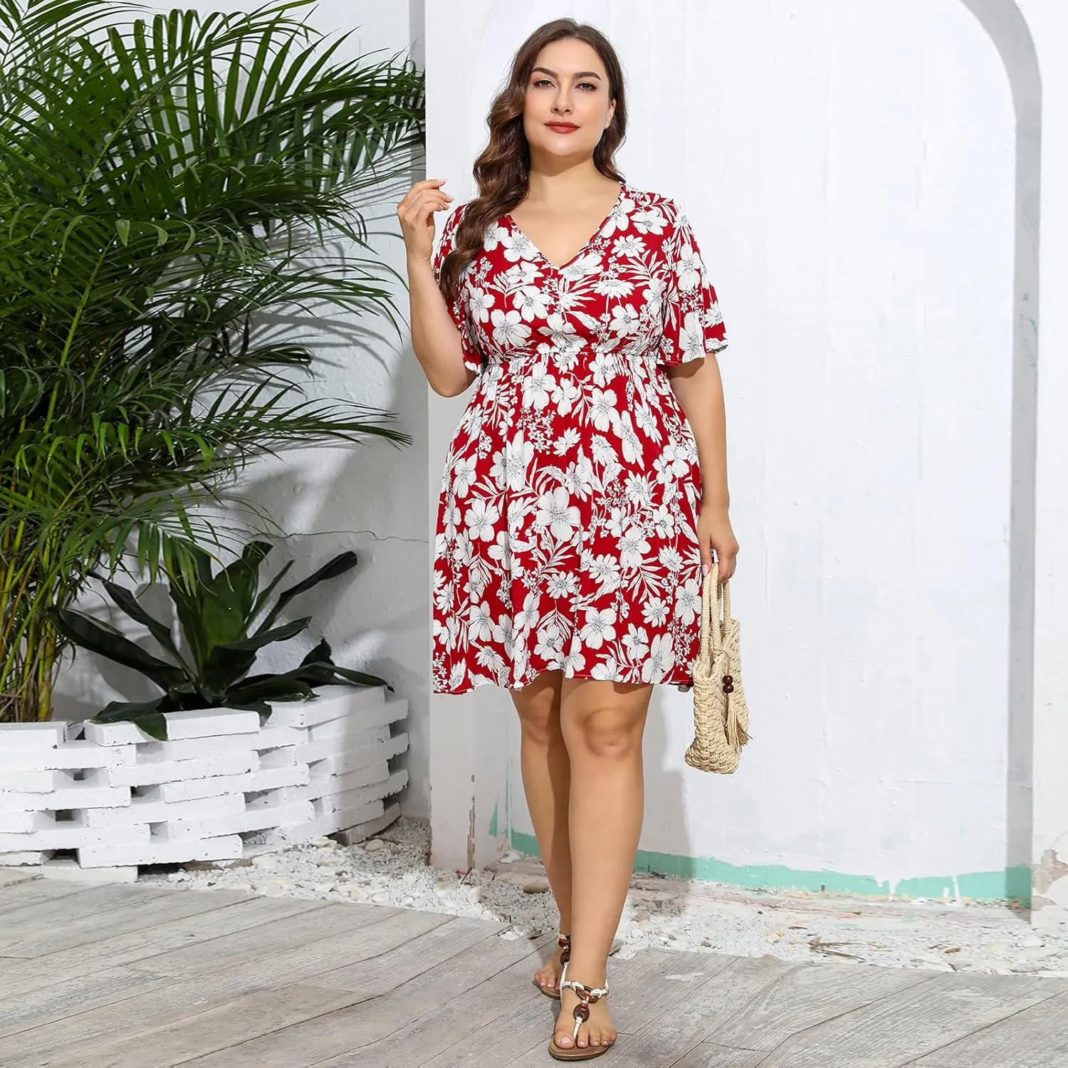 IDOPIP Plus Size Dress for Curvy Women Summer Floral V Neck Mini Dress Casual A Line Sundress Oversized Wedding Guest Outfit